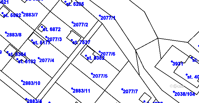 Parcela st. 2077/6 v KÚ Chrudim, Katastrální mapa