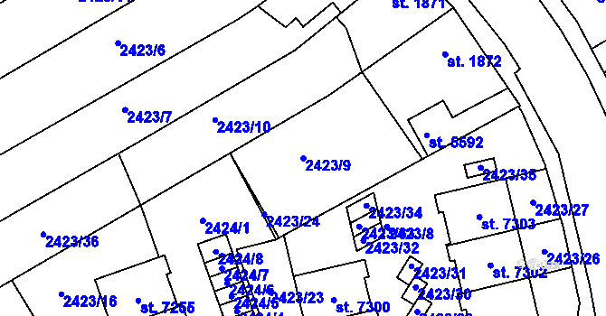Parcela st. 2423/9 v KÚ Chrudim, Katastrální mapa