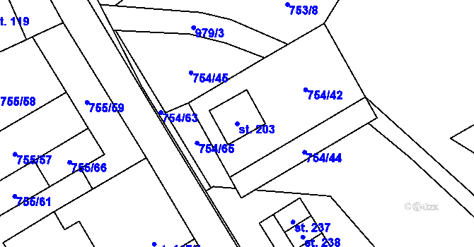 Parcela st. 203 v KÚ Kostelany, Katastrální mapa