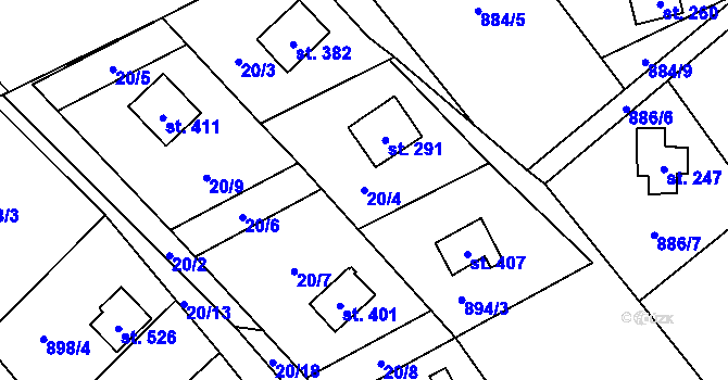 Parcela st. 20/4 v KÚ Chvalčov, Katastrální mapa