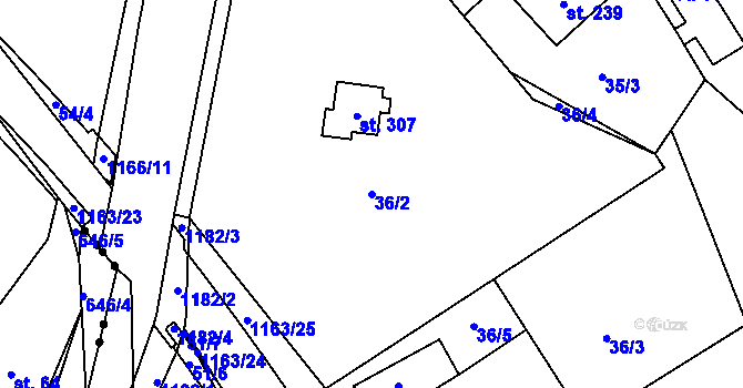 Parcela st. 36/2 v KÚ Chvalčov, Katastrální mapa