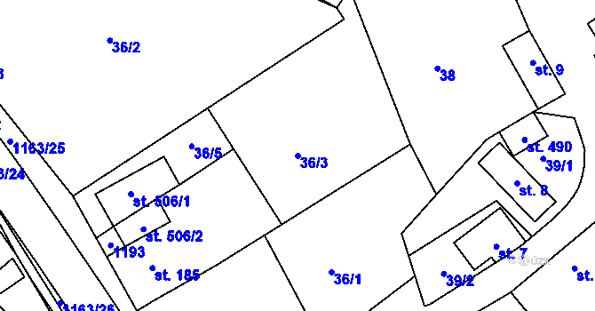 Parcela st. 36/3 v KÚ Chvalčov, Katastrální mapa