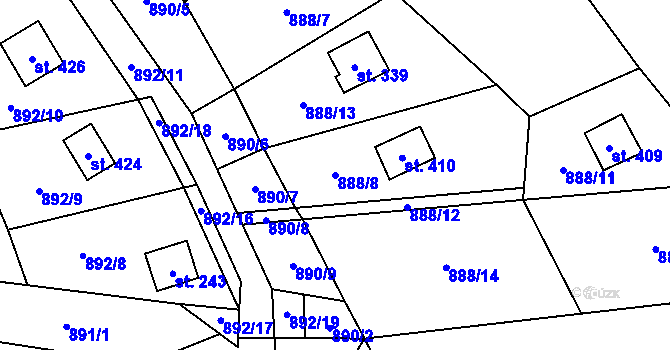 Parcela st. 888/8 v KÚ Chvalčov, Katastrální mapa