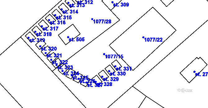 Parcela st. 1077/15 v KÚ Chvalčov, Katastrální mapa
