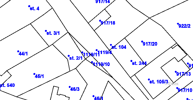 Parcela st. 1119/4 v KÚ Chvalčov, Katastrální mapa