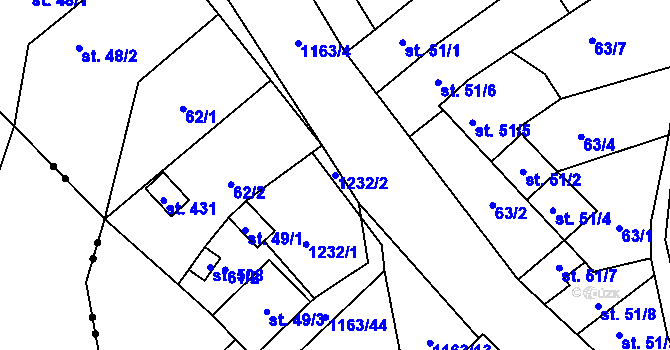 Parcela st. 1232/2 v KÚ Chvalčov, Katastrální mapa