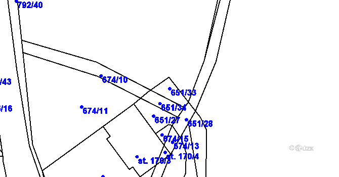Parcela st. 651/33 v KÚ Chválenice, Katastrální mapa