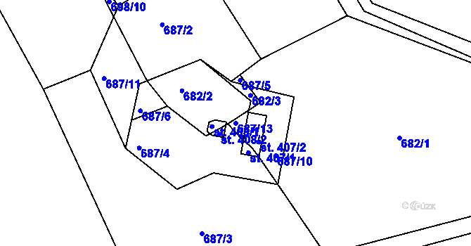 Parcela st. 687/13 v KÚ Chvaletice, Katastrální mapa