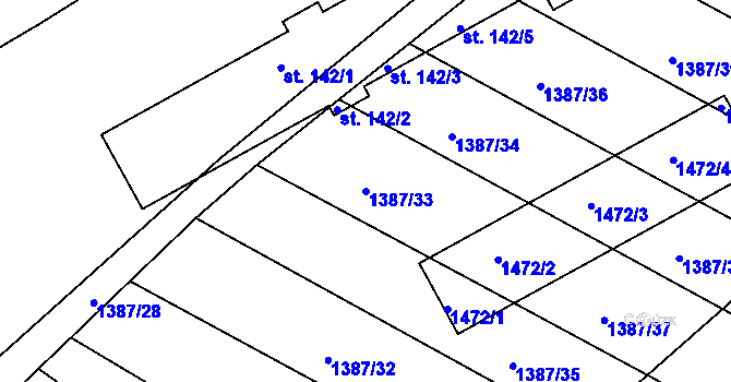 Parcela st. 1387/33 v KÚ Chvalnov, Katastrální mapa