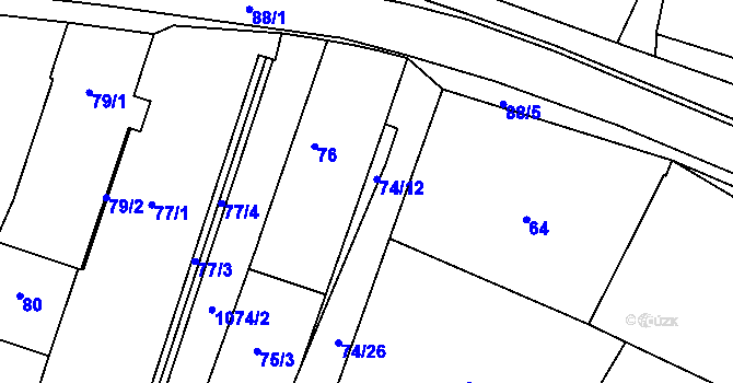 Parcela st. 74/12 v KÚ Chvalovice, Katastrální mapa