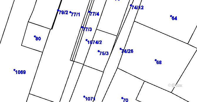Parcela st. 75/3 v KÚ Chvalovice, Katastrální mapa