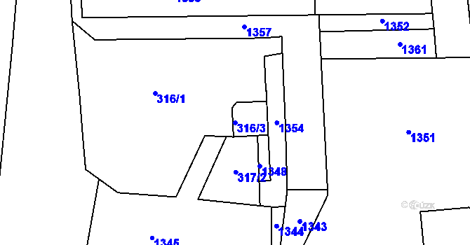 Parcela st. 316/3 v KÚ Chvalovice, Katastrální mapa