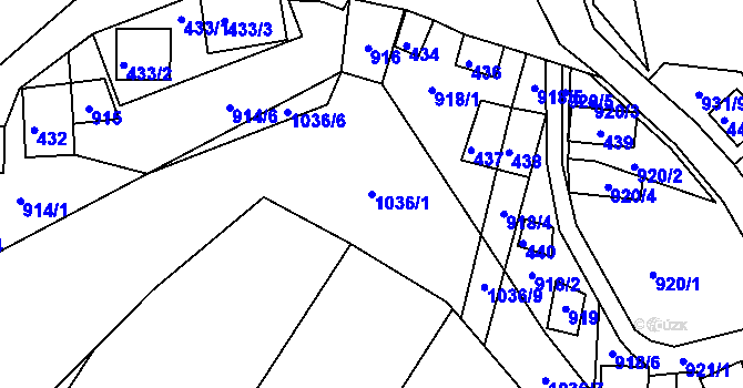 Parcela st. 1036/1 v KÚ Chvalovice, Katastrální mapa