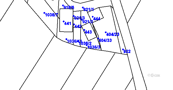 Parcela st. 1036/3 v KÚ Chvalovice, Katastrální mapa