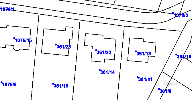 Parcela st. 361/22 v KÚ Chvalovice, Katastrální mapa