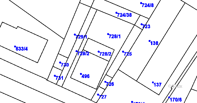Parcela st. 728/2 v KÚ Chvalovice, Katastrální mapa