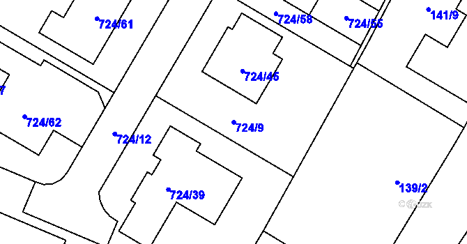 Parcela st. 724/9 v KÚ Chvalovice, Katastrální mapa