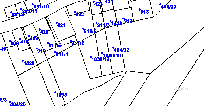 Parcela st. 1036/10 v KÚ Chvalovice, Katastrální mapa