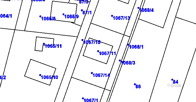 Parcela st. 1067/11 v KÚ Chvalovice, Katastrální mapa