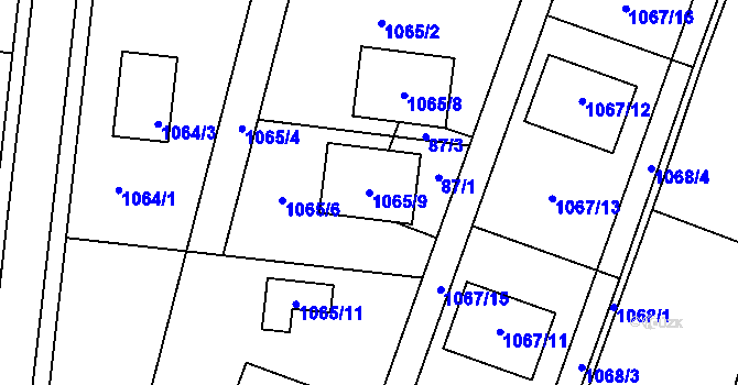 Parcela st. 1065/9 v KÚ Chvalovice, Katastrální mapa