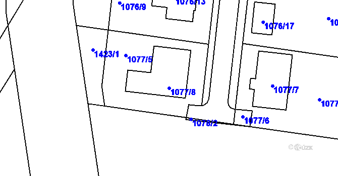 Parcela st. 1077/8 v KÚ Chvalovice, Katastrální mapa