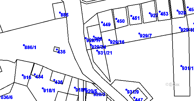 Parcela st. 931/21 v KÚ Chvalovice, Katastrální mapa