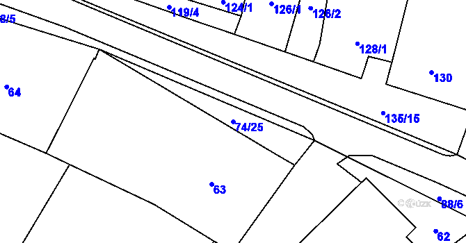 Parcela st. 74/25 v KÚ Chvalovice, Katastrální mapa