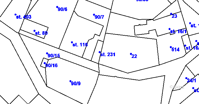 Parcela st. 231 v KÚ Chvatěruby, Katastrální mapa
