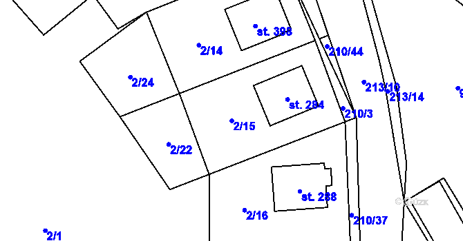 Parcela st. 2/15 v KÚ Chvatěruby, Katastrální mapa