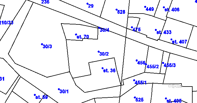 Parcela st. 30/2 v KÚ Chvatěruby, Katastrální mapa