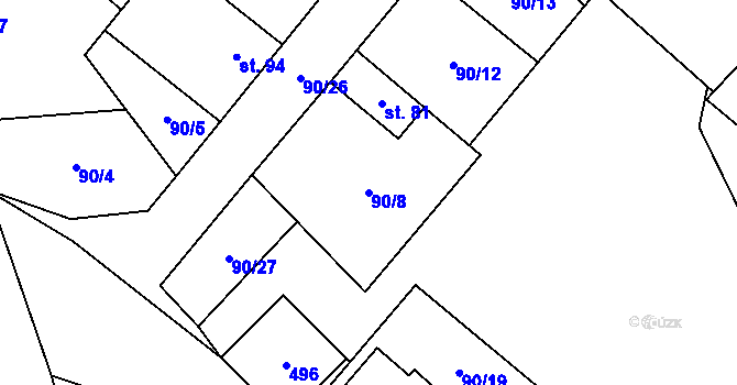 Parcela st. 90/8 v KÚ Chvatěruby, Katastrální mapa