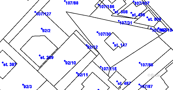 Parcela st. 92/12 v KÚ Chvatěruby, Katastrální mapa