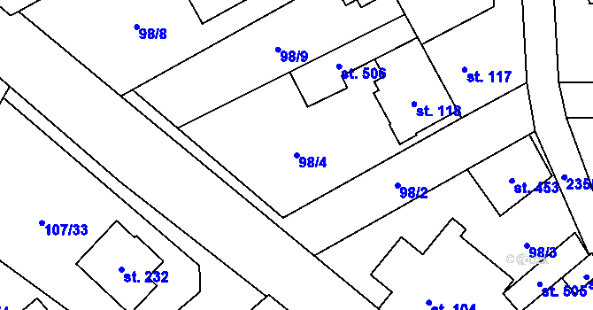 Parcela st. 98/4 v KÚ Chvatěruby, Katastrální mapa