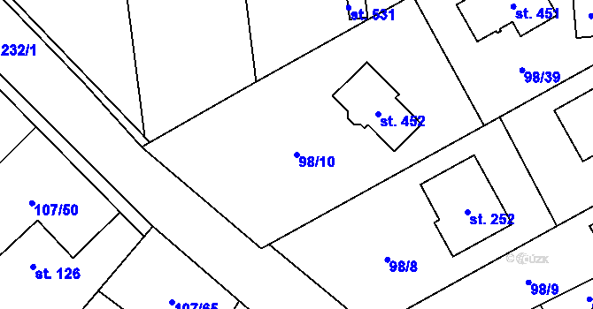 Parcela st. 98/10 v KÚ Chvatěruby, Katastrální mapa