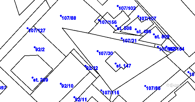 Parcela st. 107/30 v KÚ Chvatěruby, Katastrální mapa