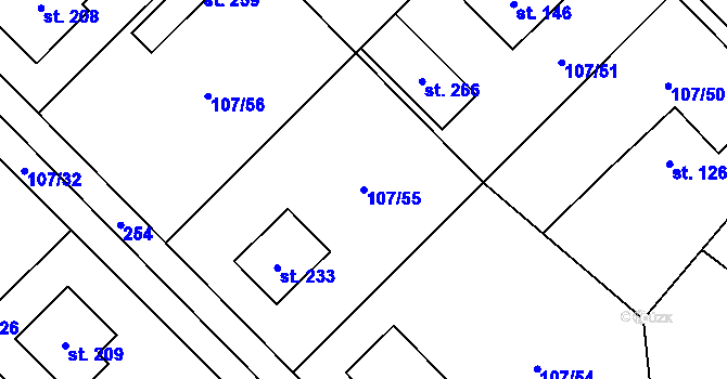Parcela st. 107/55 v KÚ Chvatěruby, Katastrální mapa