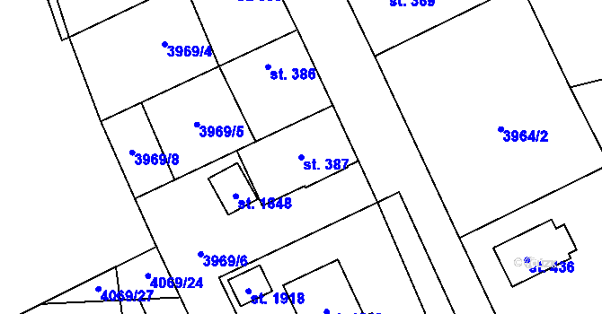 Parcela st. 387 v KÚ Chyňava, Katastrální mapa