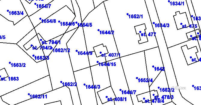 Parcela st. 407/1 v KÚ Chyňava, Katastrální mapa