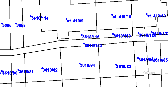 Parcela st. 3618/143 v KÚ Chyňava, Katastrální mapa