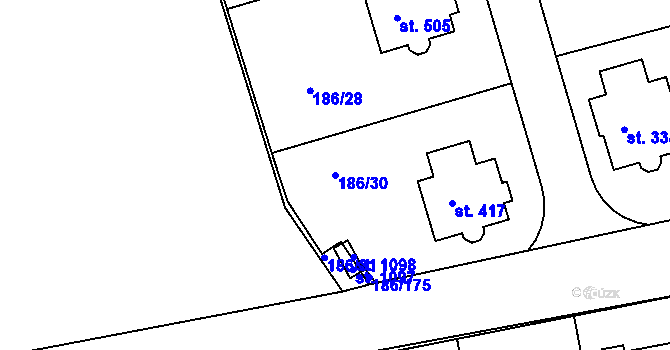 Parcela st. 186/30 v KÚ Chýně, Katastrální mapa