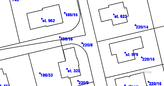 Parcela st. 220/8 v KÚ Chýně, Katastrální mapa