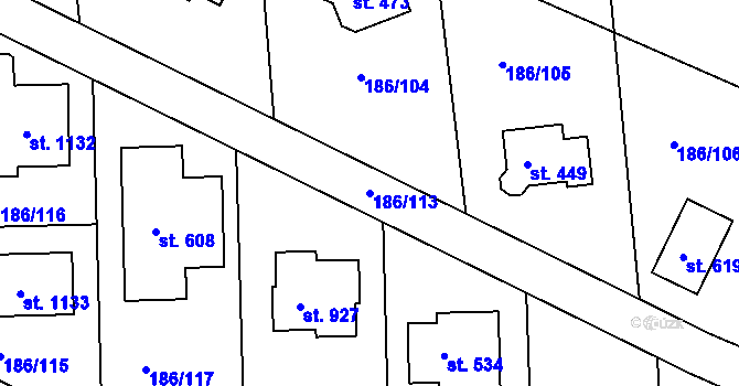 Parcela st. 186/113 v KÚ Chýně, Katastrální mapa