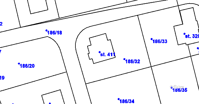 Parcela st. 411 v KÚ Chýně, Katastrální mapa