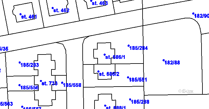 Parcela st. 686/1 v KÚ Chýně, Katastrální mapa