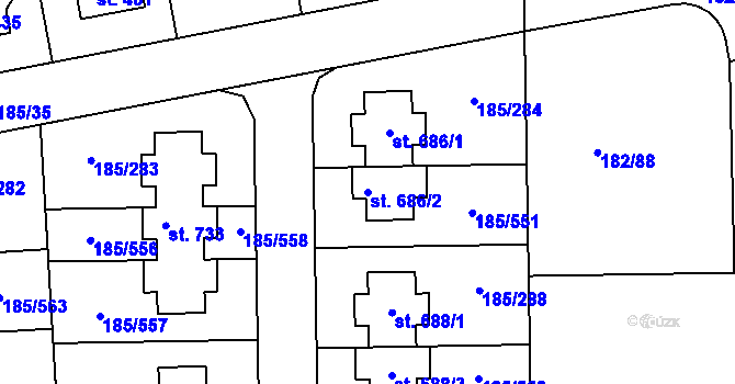 Parcela st. 686/2 v KÚ Chýně, Katastrální mapa