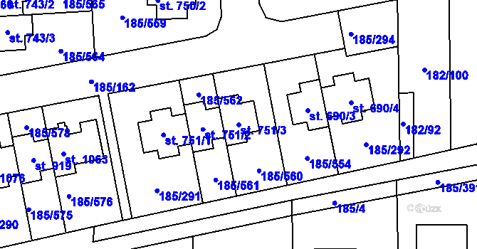 Parcela st. 751/3 v KÚ Chýně, Katastrální mapa
