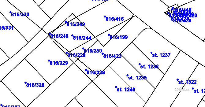 Parcela st. 816/423 v KÚ Chýně, Katastrální mapa