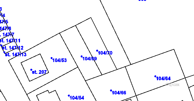 Parcela st. 104/70 v KÚ Chyšky, Katastrální mapa