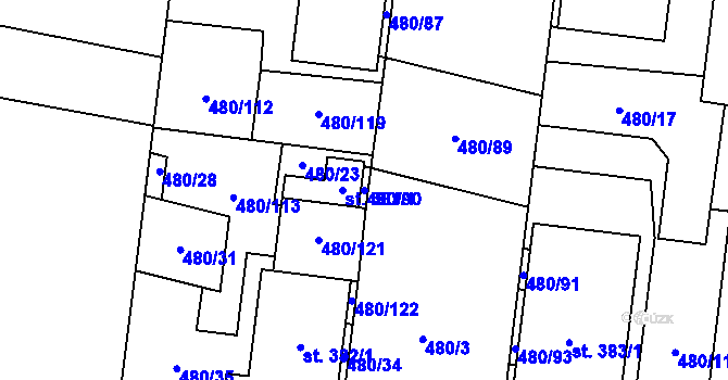 Parcela st. 480/90 v KÚ Ivaň, Katastrální mapa