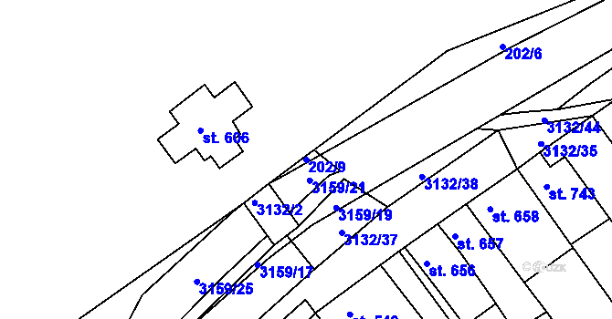 Parcela st. 202/9 v KÚ Ivančice, Katastrální mapa